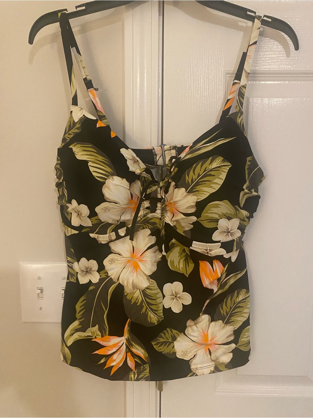 Lands' End Black Floral Lace-Up Swim Tankini with Green and Cream Hibiscus